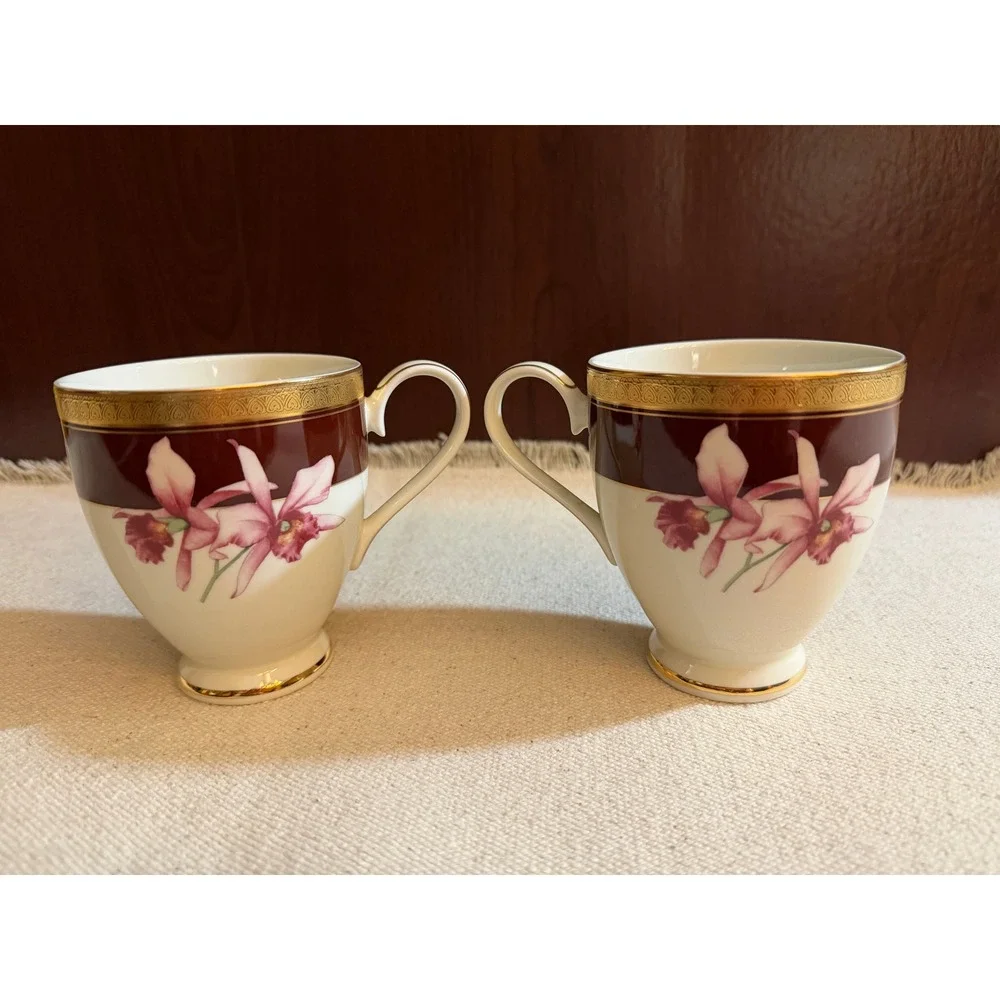 Mikasa Orchid Royal Fine China Tea Cup Set of 2 Burgundy Gold Floral